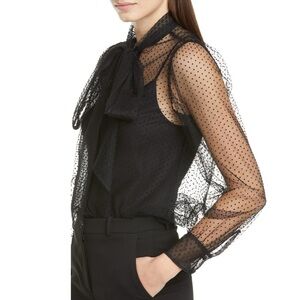 Marc Jacobs Polka Dot Tie Neck Sheer Tulle Mesh Blouse In Black Size M